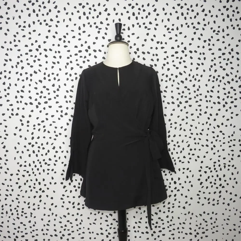 Eloquii Black Split Long Sleeve Tie Belt Wrap Top - Picture 3 of 12